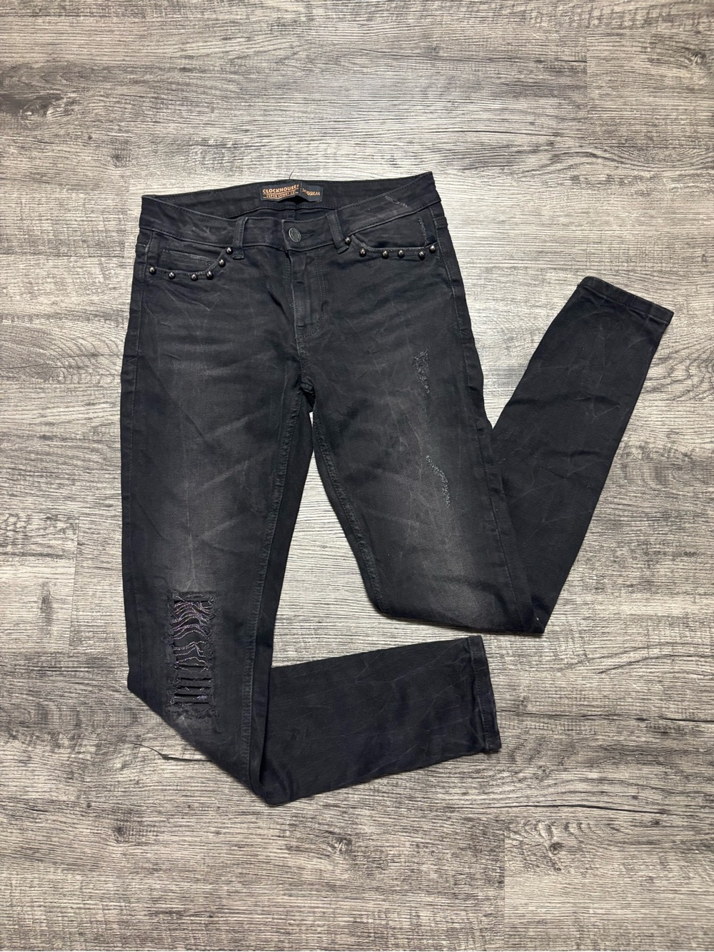 Women's Black Ripped Skinny Jeans with Studded Pockets
